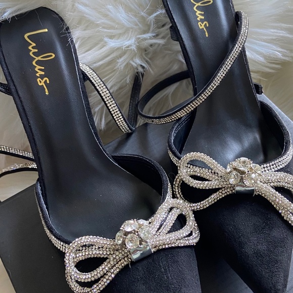 Lulus Lullie Black Suede Rhinestone Ankle Strap Pointed-Toe Pumps Heels Size 11 - Picture 3 of 8